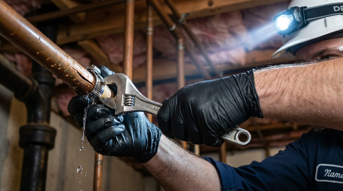 Emergency pipe clamp repair being performed by a Johns Plumbing LLC plumber in Beaver City