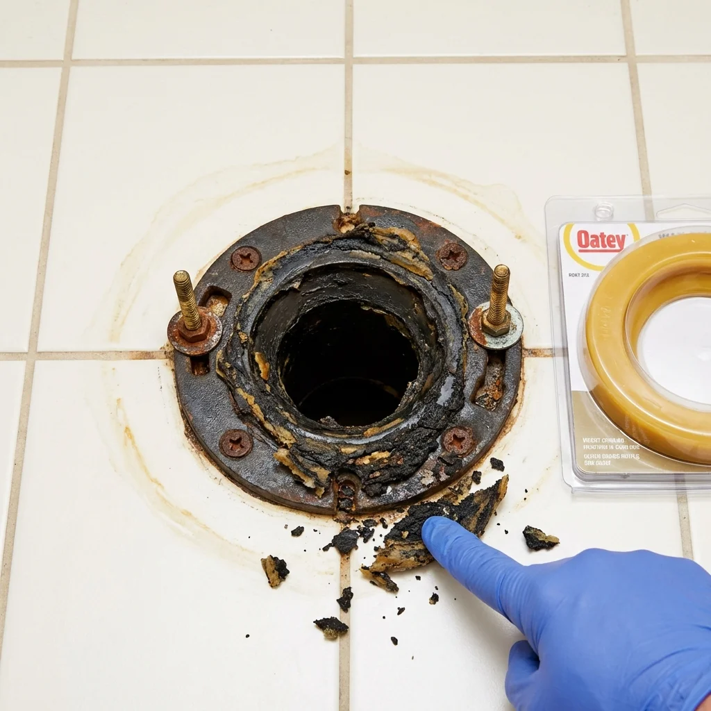Failed wax ring showing water seepage at the base of a toilet in a Beaver City, NE home