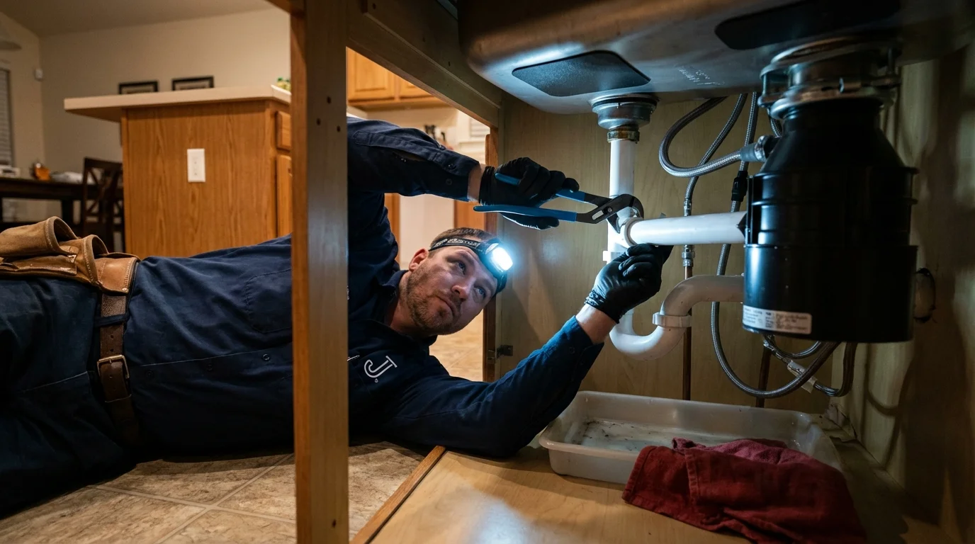 P-trap and supply line connections under a kitchen sink showing a common leak point in Beaver City, NE